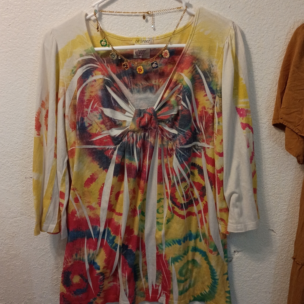 Colorful Tie-Dye Blouse with Bow Accent